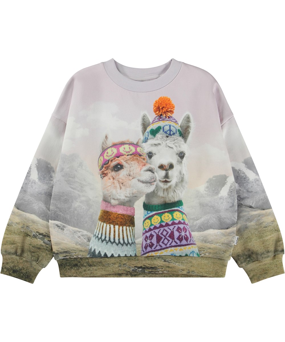 Maxi - Two Lhamas - Paarse en groene biologische sweater met lama print