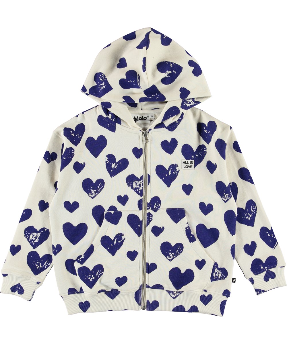 Mel - Love Forever Blue - Witte hoodie met blauwe hartjes
