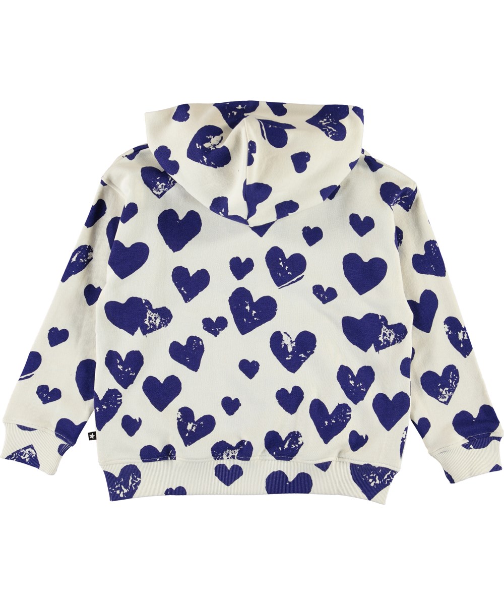 Mel - Love Forever Blue - Witte hoodie met blauwe hartjes