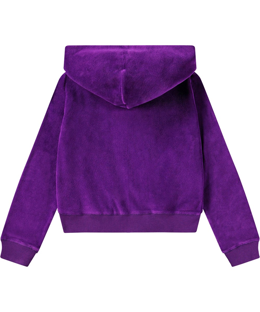 Milla - Warm Purple - Paarse fluwelen vest met ritssluiting, capuchon, geribbelde randen en zakken.