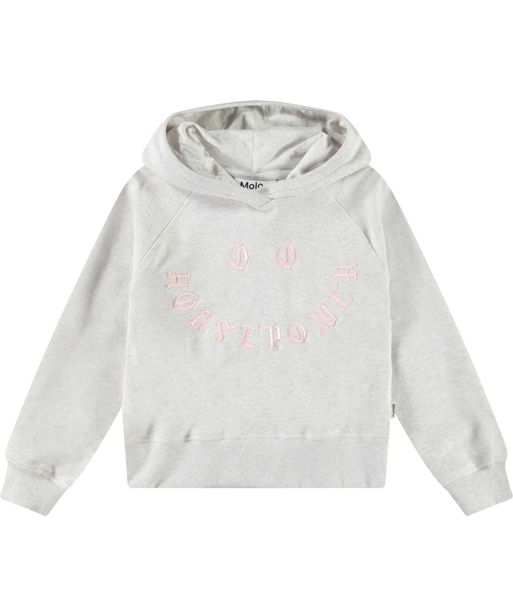 Minelli - Snow Melange - Lichtgrijze kinderhoodie van zacht biologisch katoen met ribboord rond de capuchon, mouwen en onderkant.