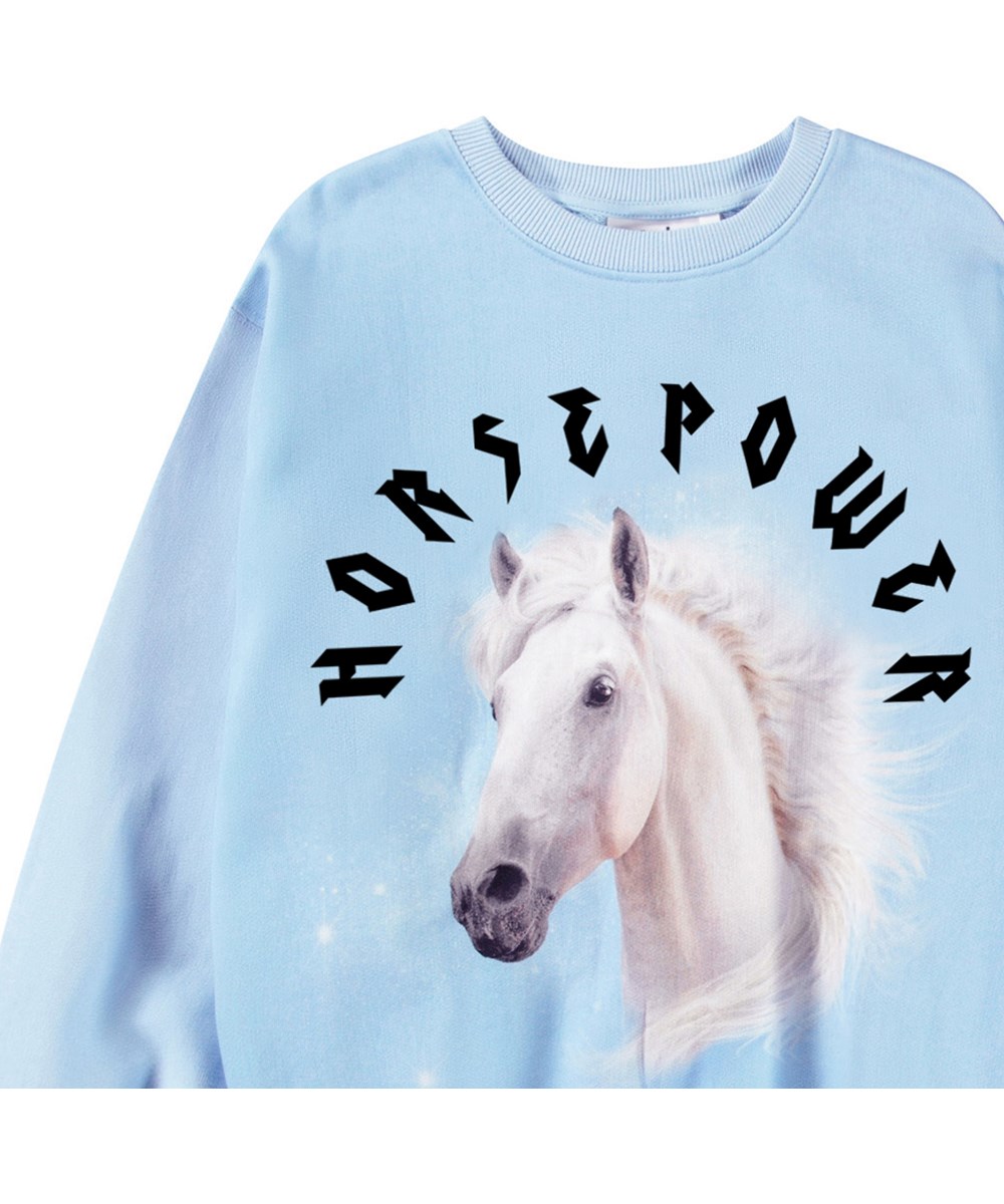 Monti - Horsepower - Lichtblauwe kindersweater van zacht biologisch katoen met print en ribboord rond de hals, mouwen en onderkant.