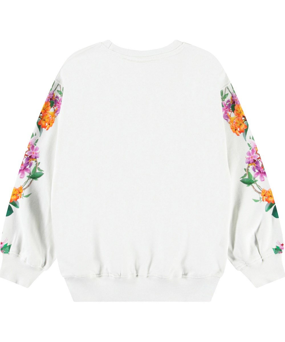 Monti - Jungle Flowers - Witte kindersweater van zacht biologisch katoen met print en ribboord rond de hals, mouwenen onderkant.