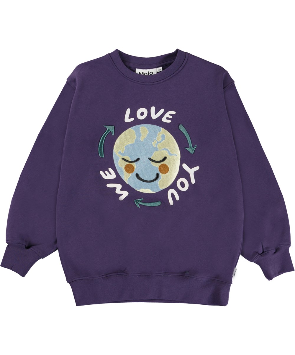 Monti - We Love You - Paarse sweater met print van de Aarde