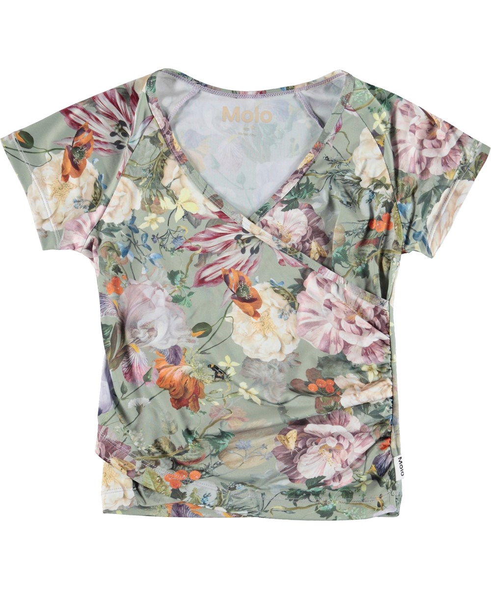 Oaklee - Green Botanic - Lichtgroene wikkel sportshirt met bloemen