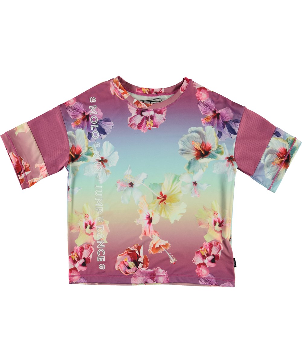 Odessa - Hibiscus Rainbow - Gebloemd t-shirt met zalmkleurige strepen
