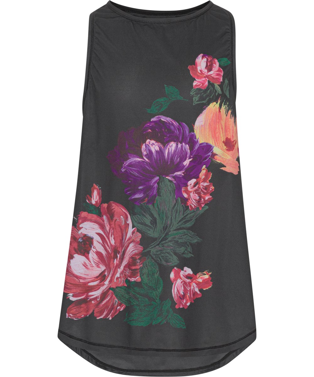 Oriana - Diagonal Floral - Zwarte sportshirt met bloemenmotief