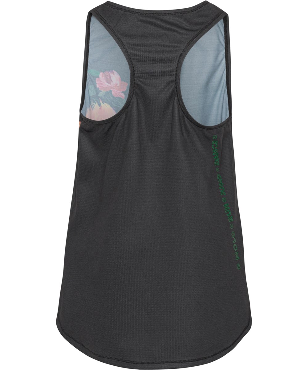 Oriana - Diagonal Floral - Zwarte sportshirt met bloemenmotief