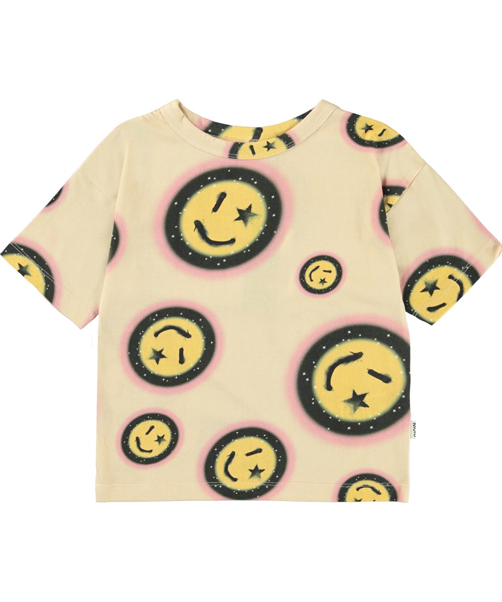 Rabecke - Space Happy AOP - Lichtgele t-shirt met smileys