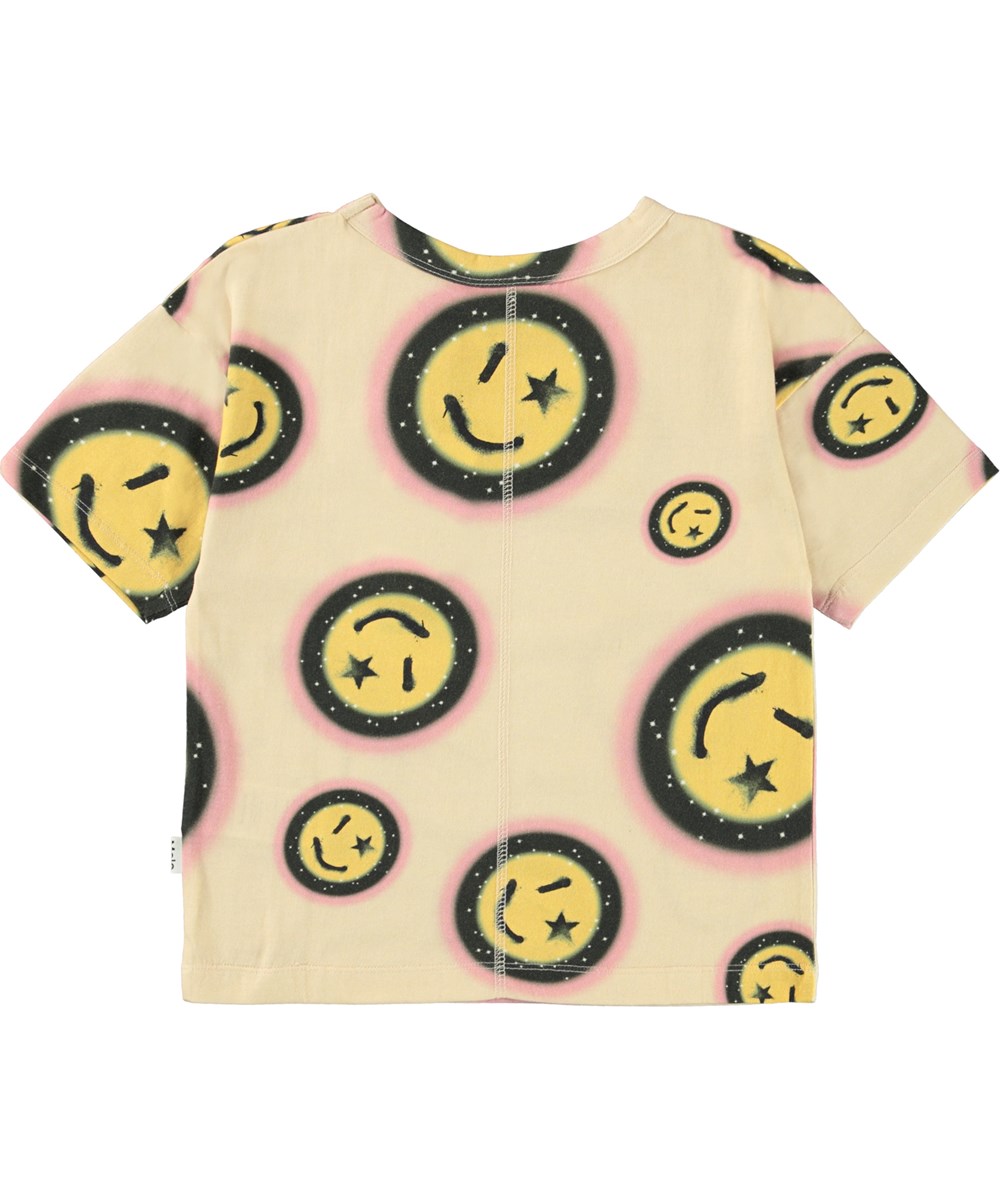 Rabecke - Space Happy AOP - Lichtgele t-shirt met smileys