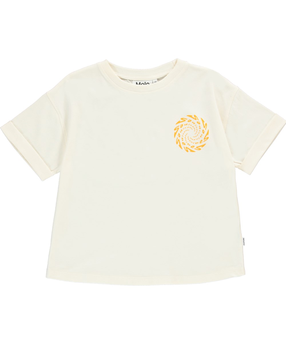 Rachelle - Pearled Ivory - Lichtgele biologische t-shirt met ‘Good vibes’