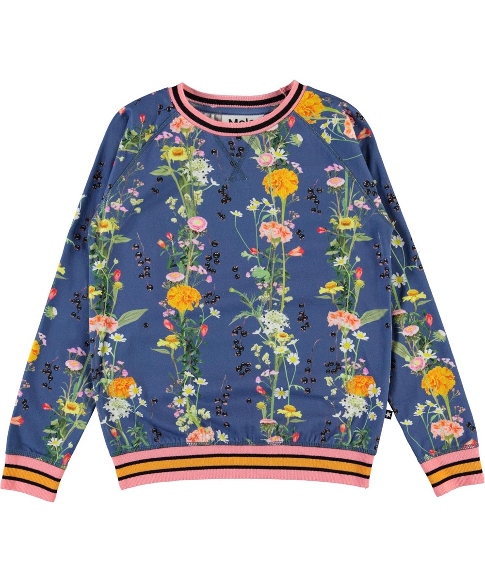 Raewyn - Vertical Flowers - Blauwe biologische sweater met bloemenprint