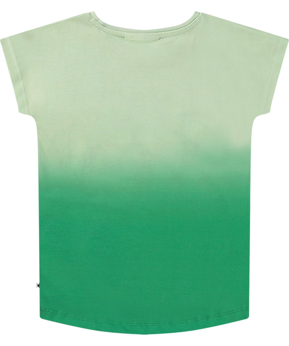 Ragnhilde - Beauty - Elastische lichtbgroene en donkergroene kinder t-shirt van biologisch katoen met korte mouwen en ribboord rond de hals.