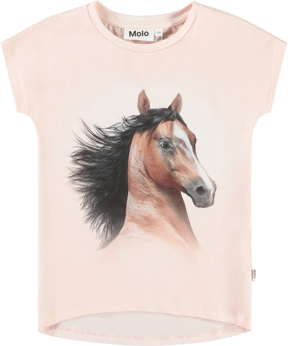 Ragnhilde - Pony Amour - Roze kinder t-shirt met print van zacht biologisch katoen met een ronde hals en korte mouwen.
