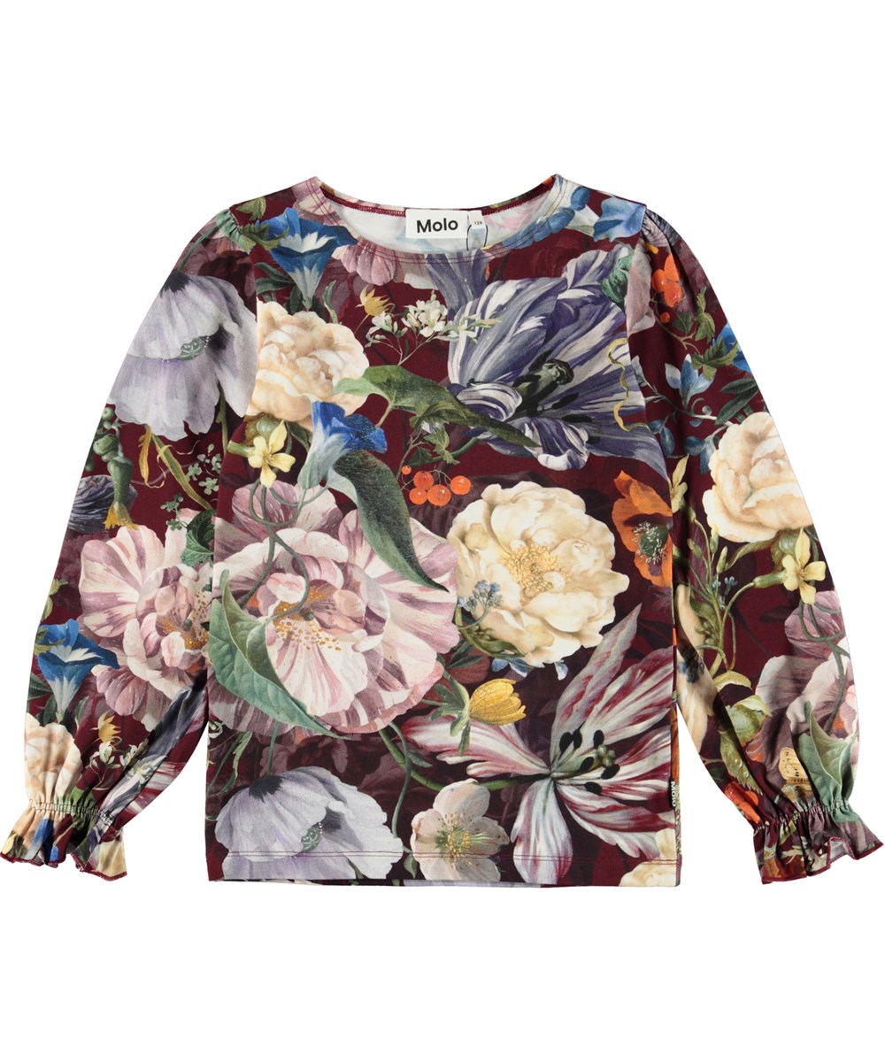 Raina - Botanical Canvas - Bordeauxrode biologische longsleeve met bloemen