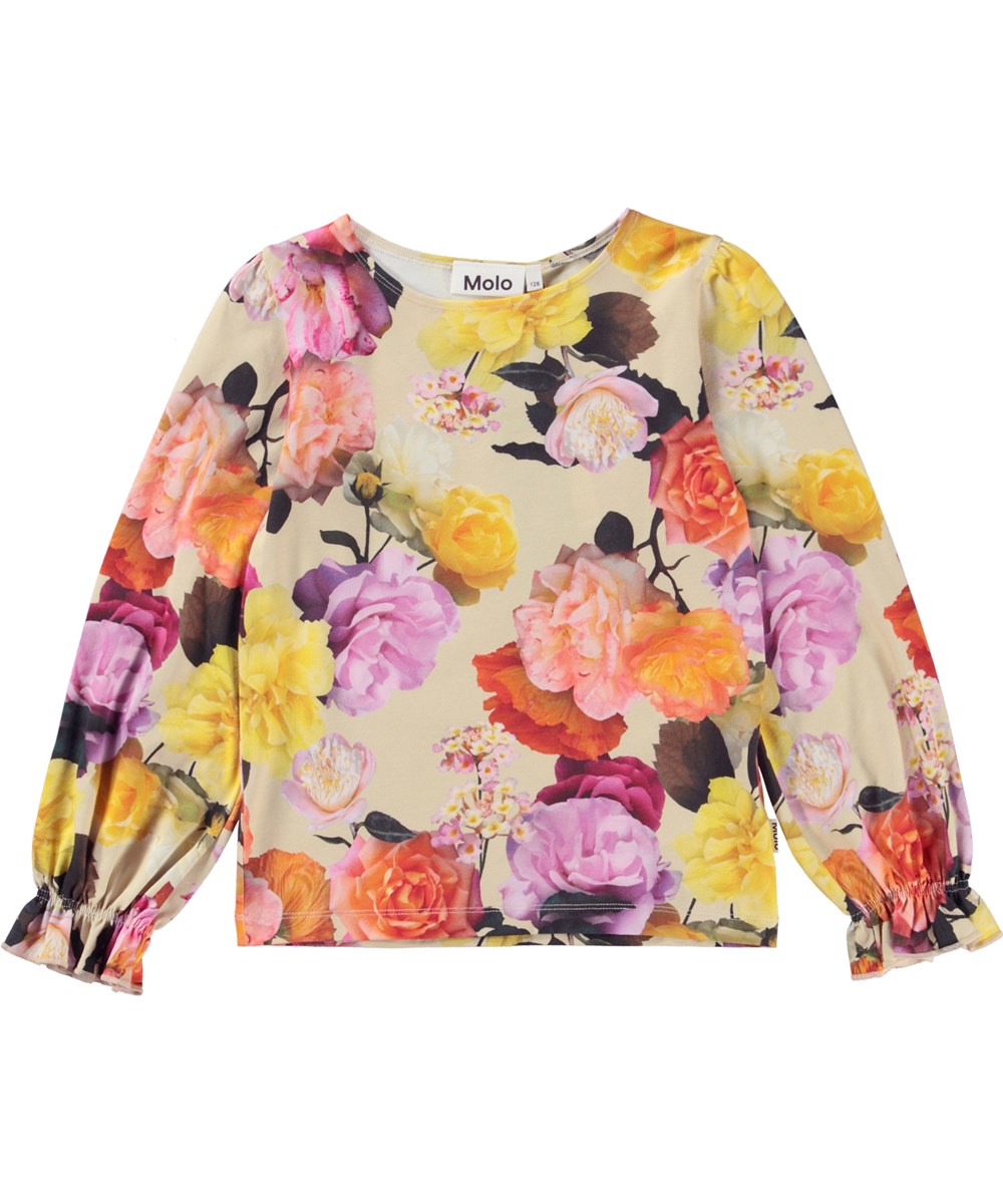 Raina - Rose Garden - Biologische top met lange mouwen en geplooide manchetten in 