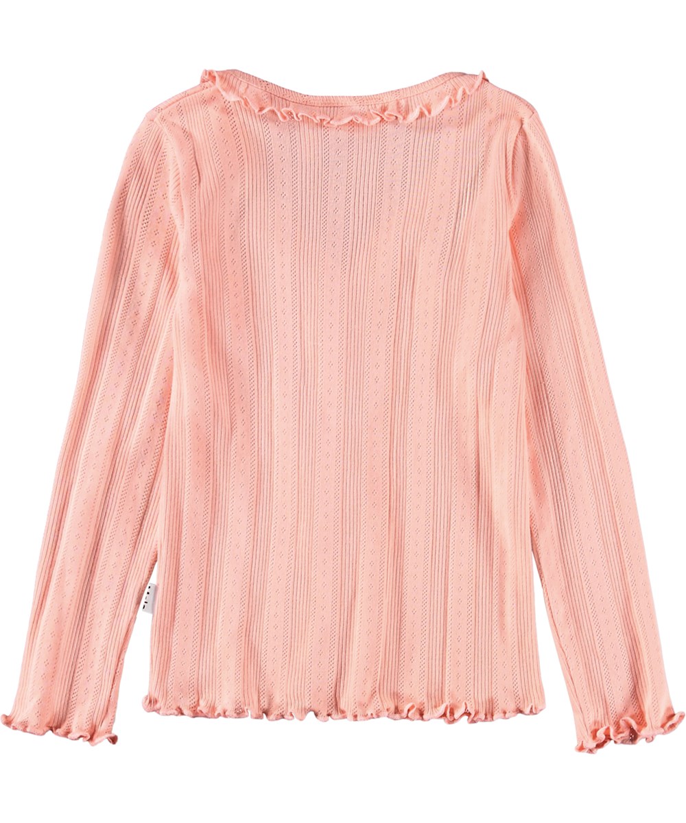 Ramsi - Peach Bud - Perzikkleurig vest van zachte, fijngebreide katoenen jersey met een subtiel ajourpatroon en ruches, voor kinderen