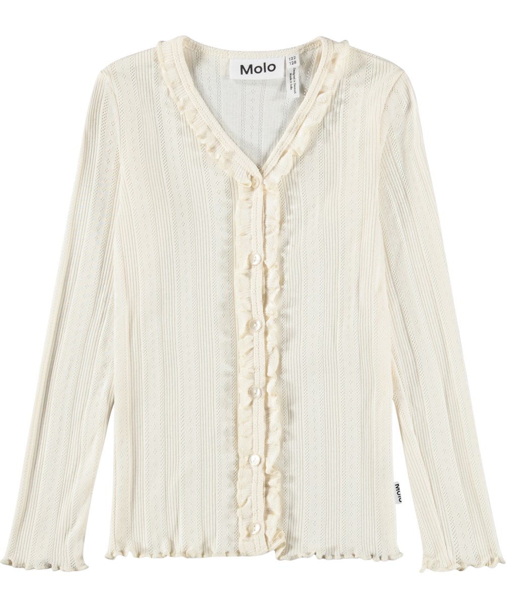 Ramsi - Pearled Ivory - Gebroken witte cardigan van zachte, fijngebreide katoenen jersey met een subtiel ajourpatroon en ruches, voor kinderen