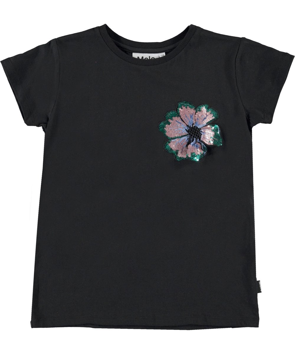 Ranva - Black - Zwarte t-shirt met lovertjesbloem