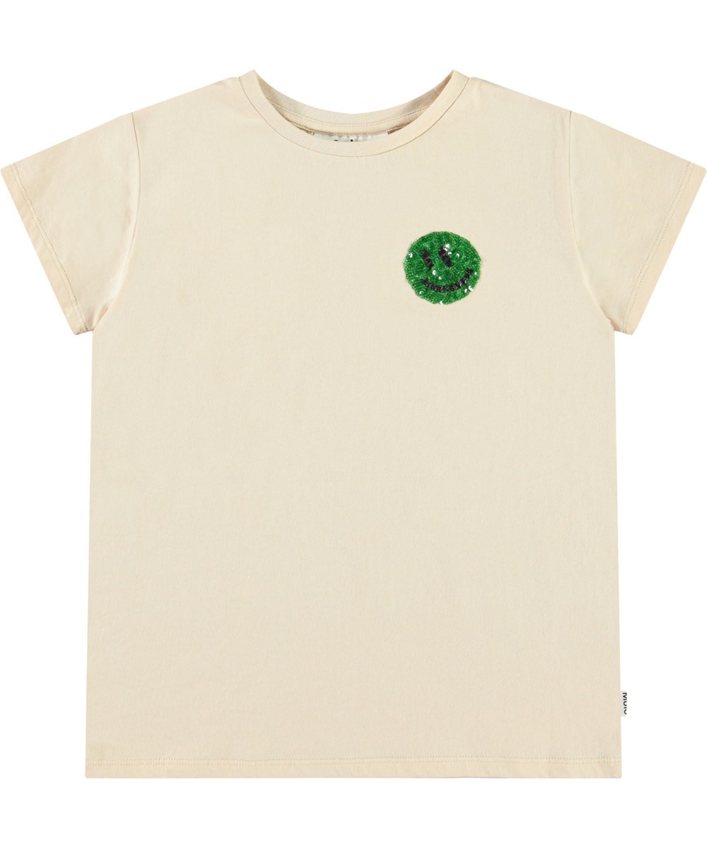Ranva - Brazilian Sand - Beige kinder t-shirt met korte mouwen, ronde hals  en pailetten in biologisch katoen