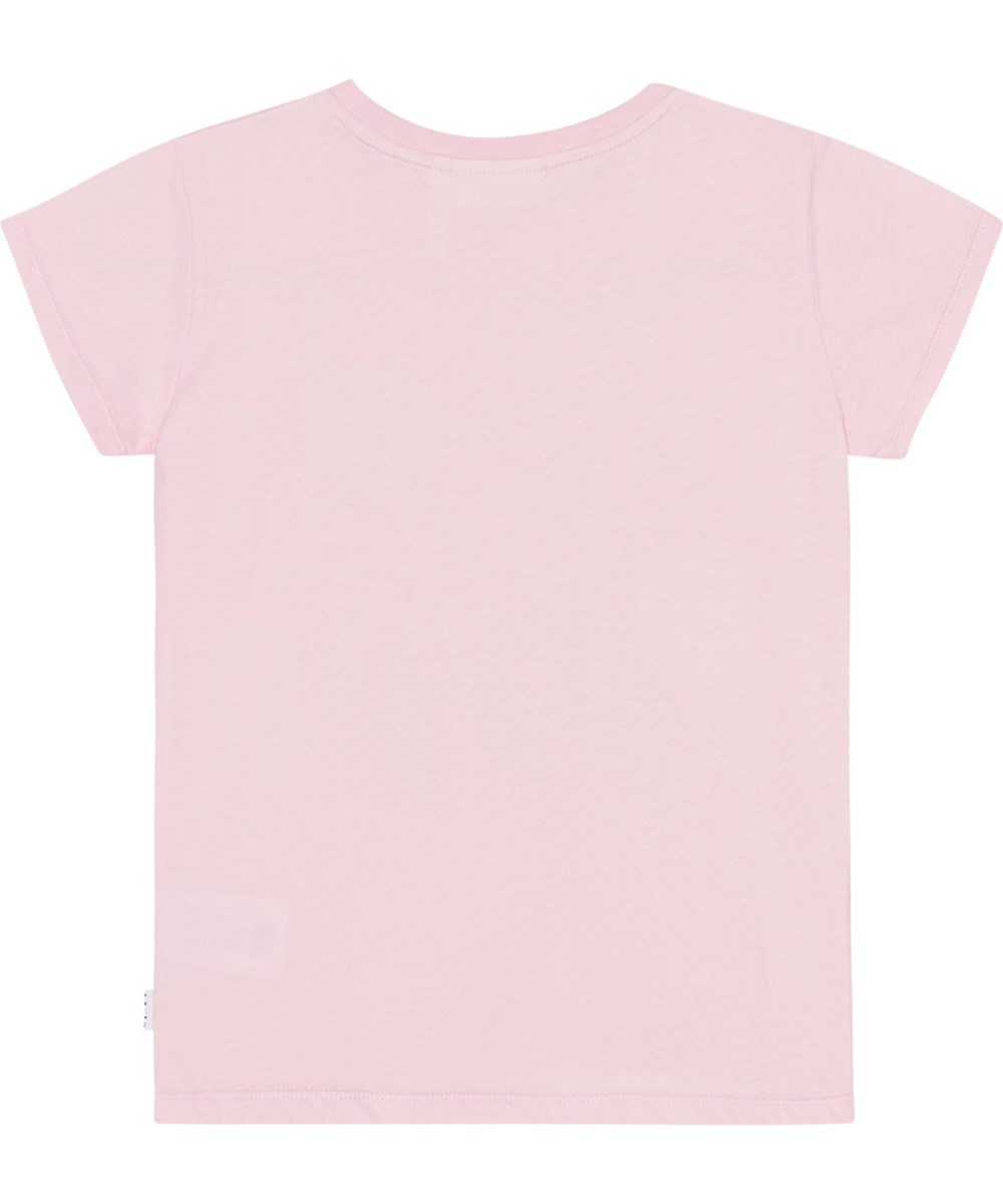 Ranva - Glitter Palms - Roze t-shirt van biologisch katoen met twee geborduurde smileys van pailletten en palmbomenprint met de tekst 'Be Happy'