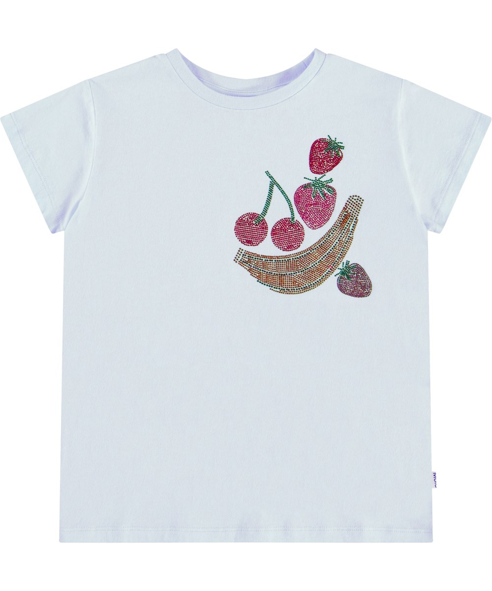 Ranva - Shiny Fruits - Lichtblauwe kinder t-shirt met korte mouwen, ronde hals  en pailetten in biologisch katoen 