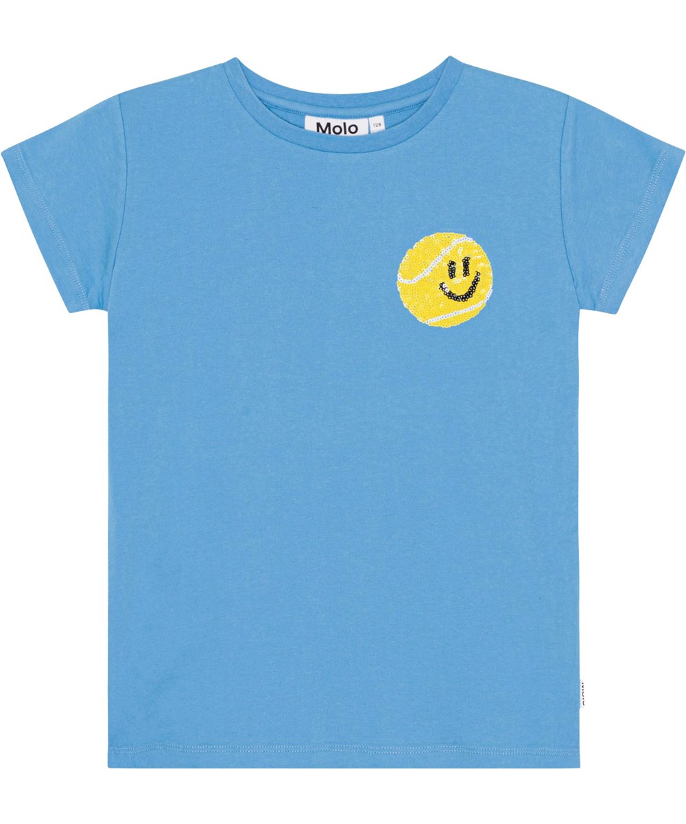 Ranva - Tennis Smile - Blauwe t-shirt van biologisch katoen met op de borst een geborduurde smiley tennisbal van pailletten