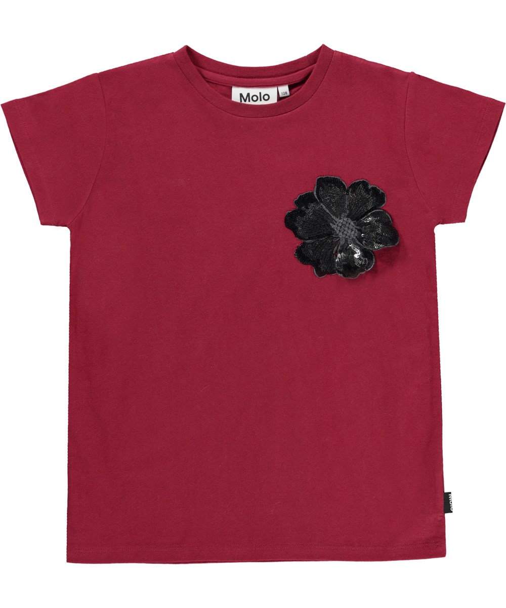 Ranva - Velvet Poppy - Donkerrode t-shirt met pailletten bloem