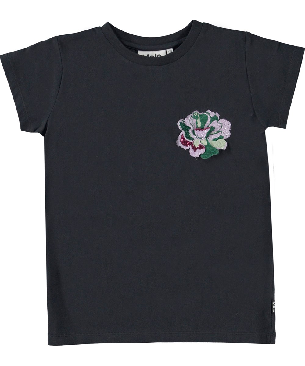 Ranva - Black - Zwart biologische t-shirt met bloemen kunstwerk