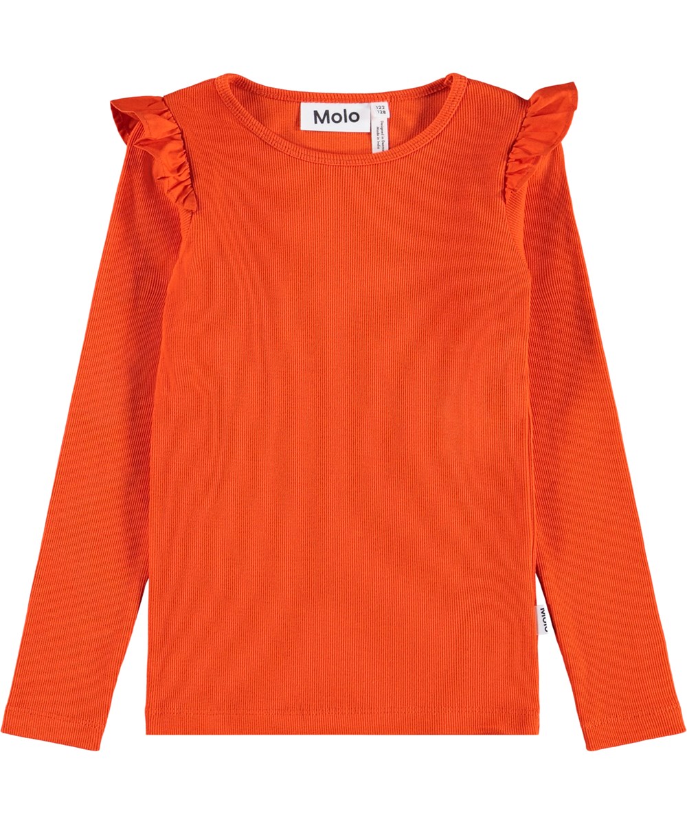 Rasmine - Rising Sun - Rode aansluitende longsleeve voor kinderen gemaakt van zacht biologisch katoenen ribstof met een ronde hals en ruches op de schouder.