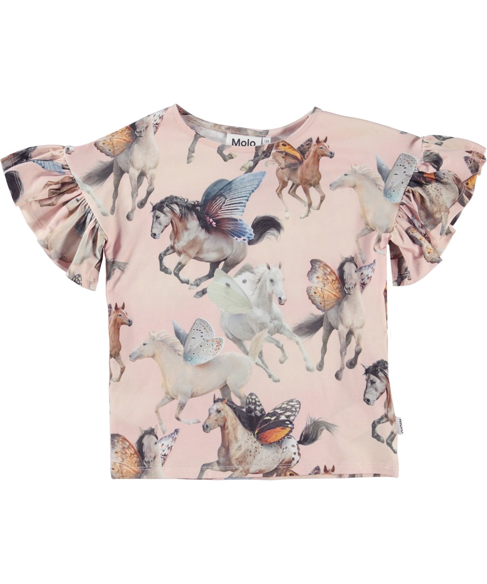 Rayah - Fairy Horses - Roze biologische t-shirt met ruche mouwen en vliegende paardenprint
