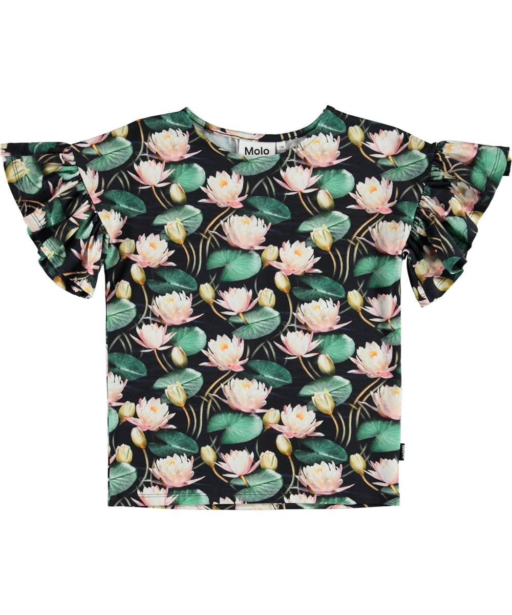 Rayah - Water Lilies - Biologische t-shirt met waterlelies en ruches mouwen