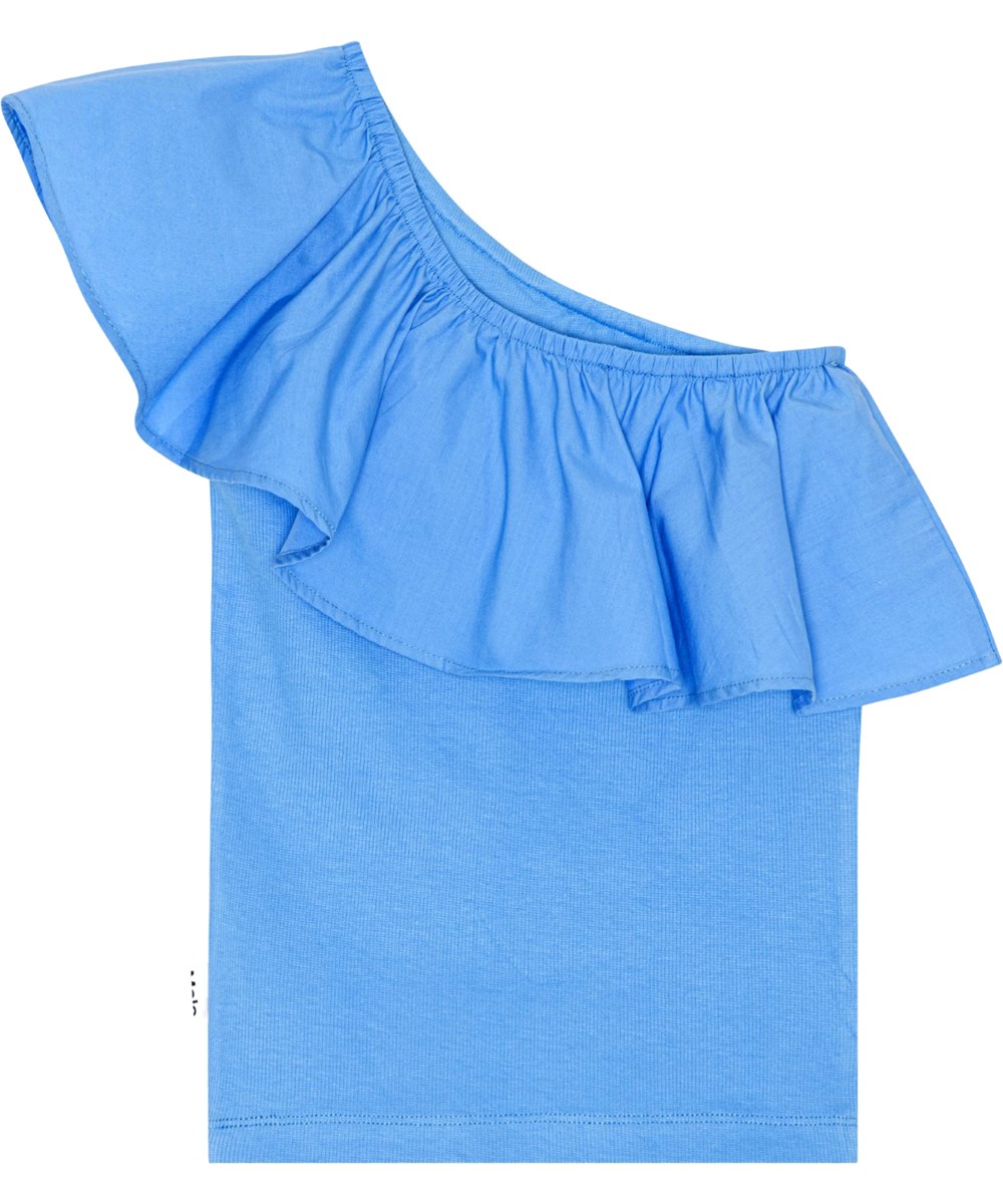 Rebecca - Forget Me Not - Blauwe one shoulder top van biologische katoen met stretch