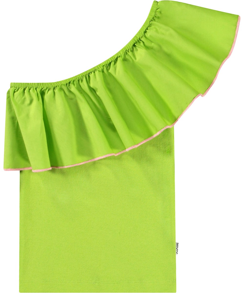 Rebecca - Apple Green - Groene one shoulder kindertop van elastisch biologisch katoen