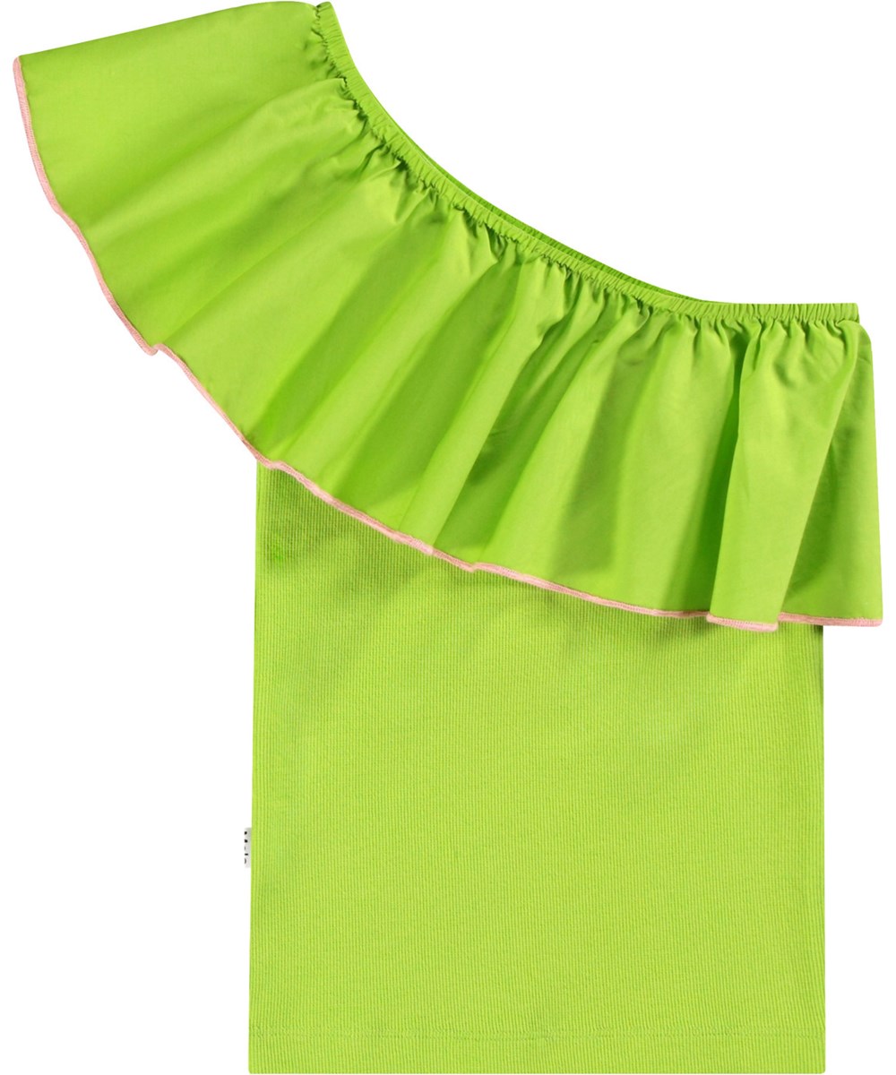 Rebecca - Apple Green - Groene one shoulder kindertop van elastisch biologisch katoen