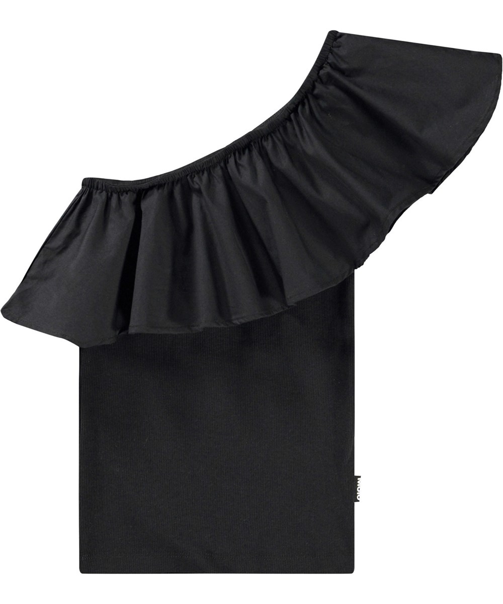 Rebecca - Black - Zwarte one shoulder kindertop van elastisch biologisch katoen
