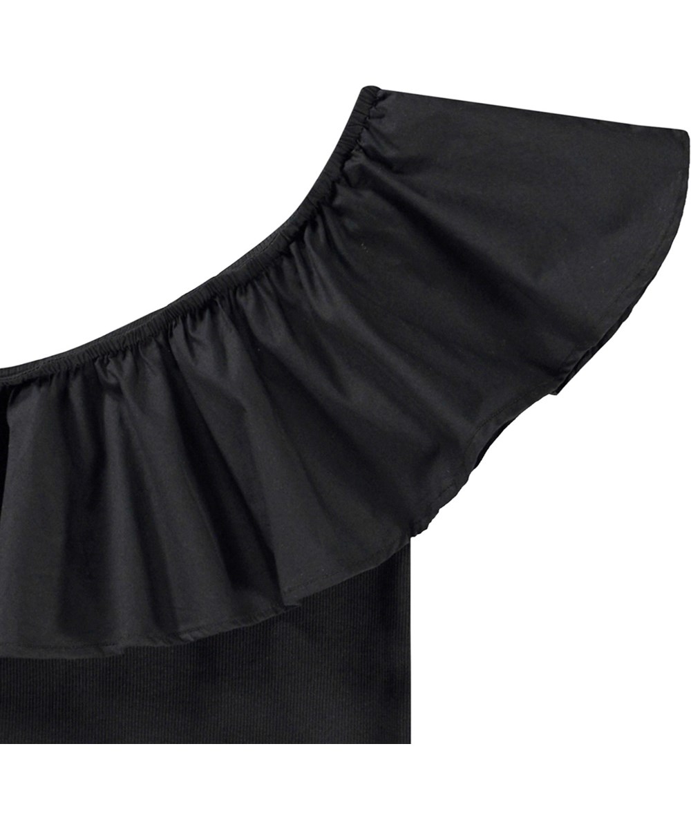 Rebecca - Black - Zwarte one shoulder kindertop van elastisch biologisch katoen