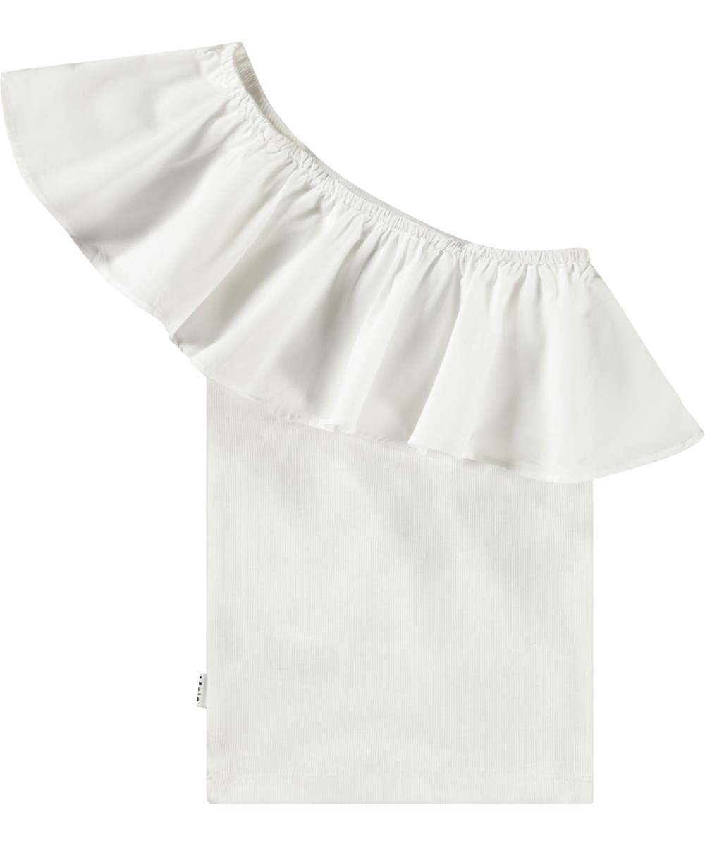 Rebecca - Crisp White - Witte one shoulder kindertop van elastisch biologisch katoen