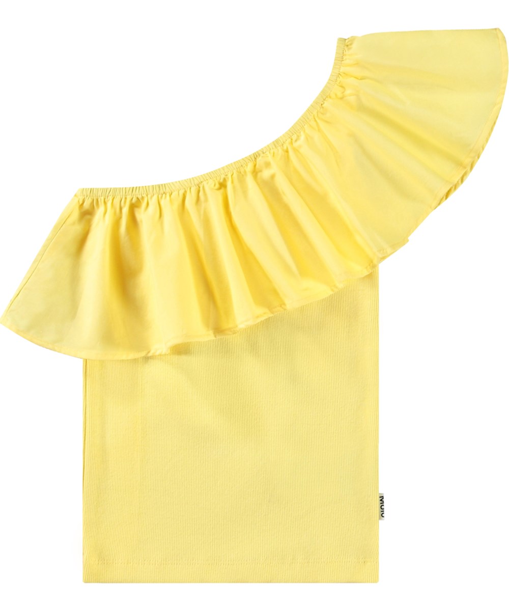 Rebecca - Sunbright - Gele one shoulder kindertop van elastisch biologisch katoen