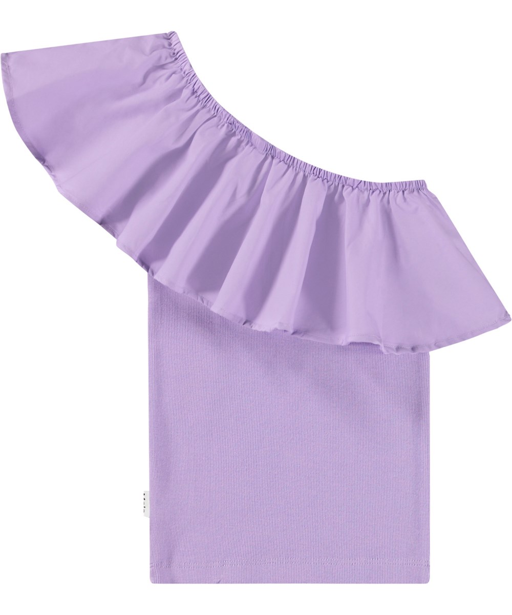Rebecca - Violaceous - Paarse one shoulder kindertop van elastisch biologisch katoen