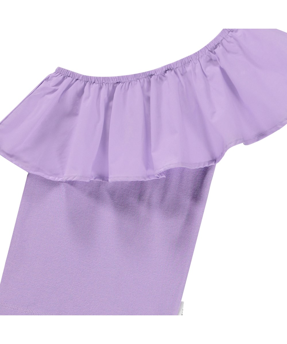 Rebecca - Violaceous - Paarse one shoulder kindertop van elastisch biologisch katoen