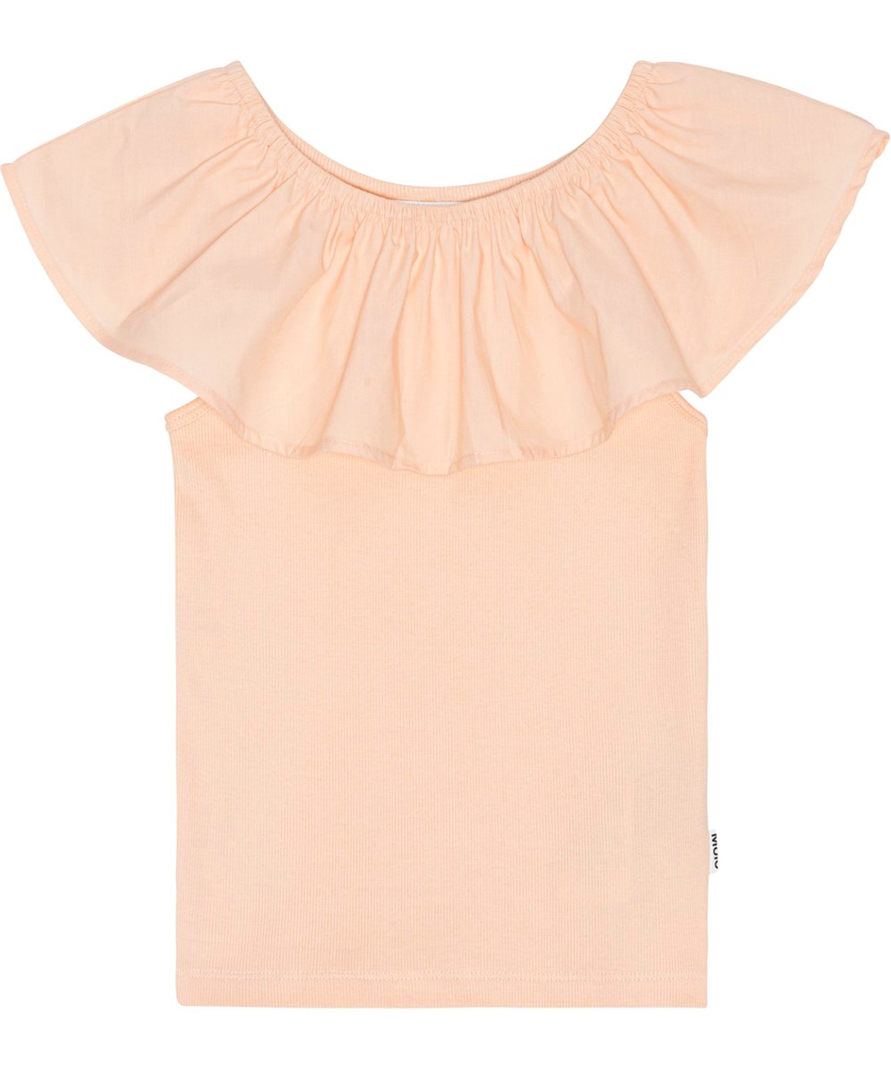 Reca - Fluffy Rose - Perzikkleurige mouwloze off-shoulder top van zacht biologische katoen met stretch