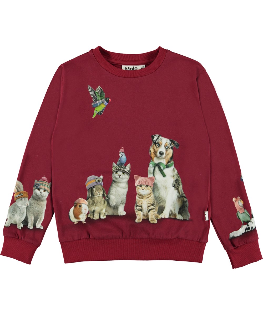 Regine - Family Photo - Rode biologische sweater met dieren met mutsen