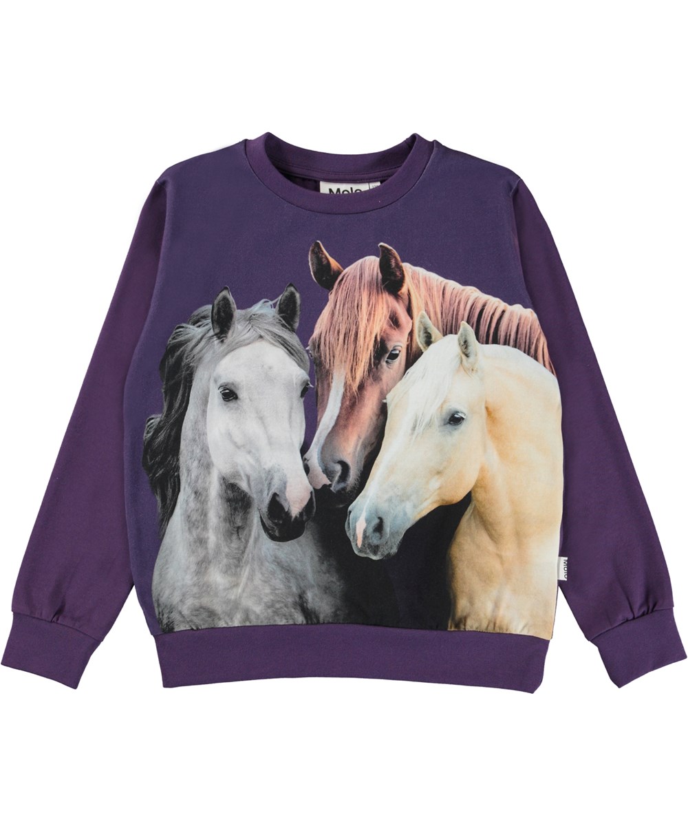 Regine - Triplets_Purple - Paarse biologische sweater met een paardenprint