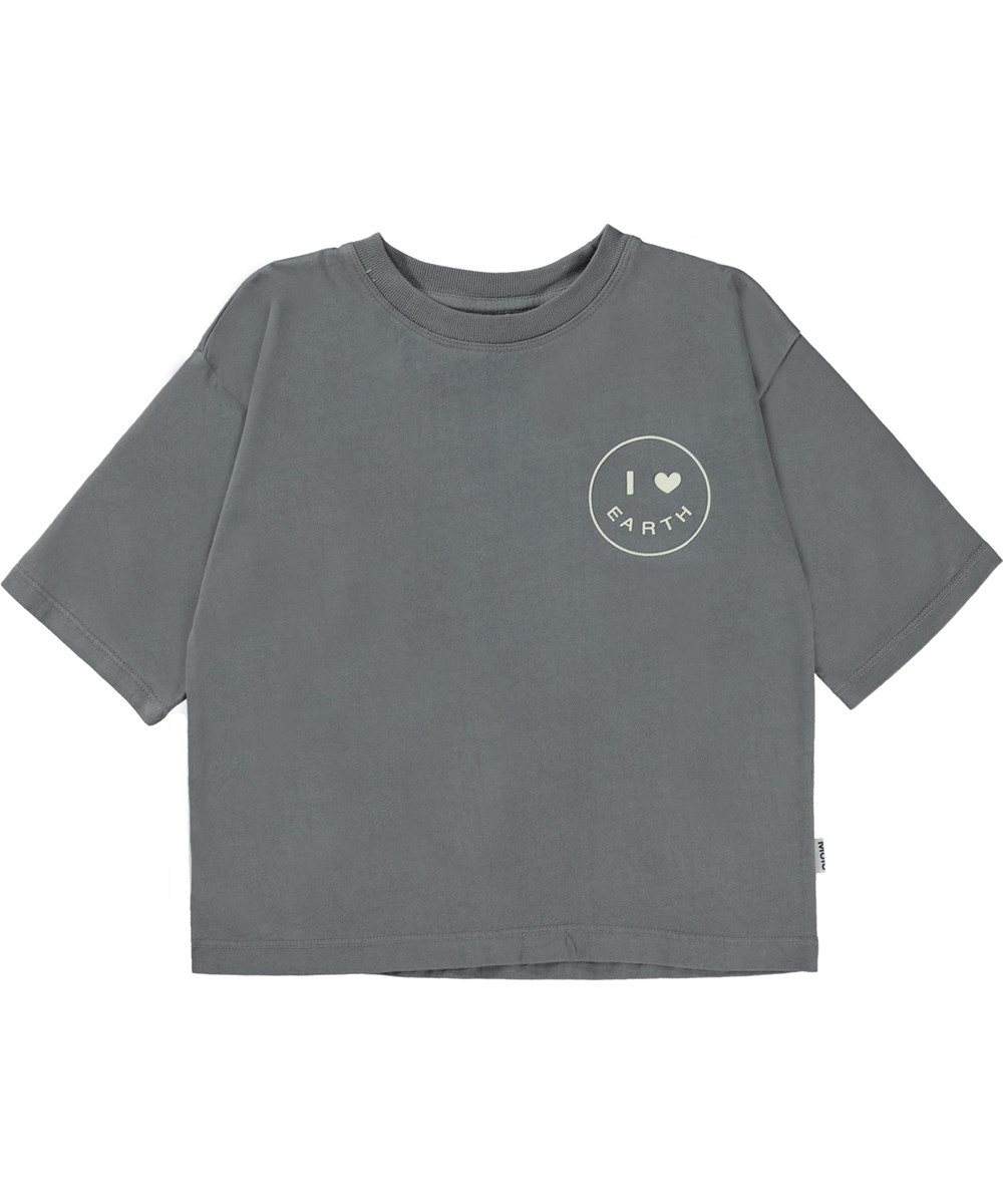 Reinette - Charcoal - Donkergrijze biologische t-shirt met lachend gezicht