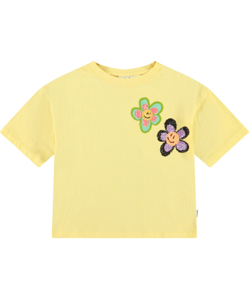 Reinette - Friendly Flowers - Geel kinder t-shirt met geborduurde pailetten in zacht biologisch katoen met ribboord rond de hals.
