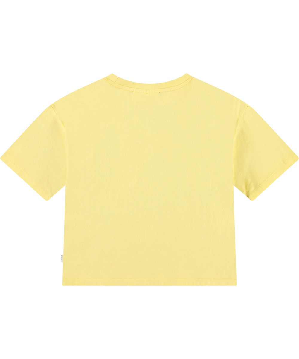 Reinette - Friendly Flowers - Geel kinder t-shirt met geborduurde pailetten in zacht biologisch katoen met ribboord rond de hals.