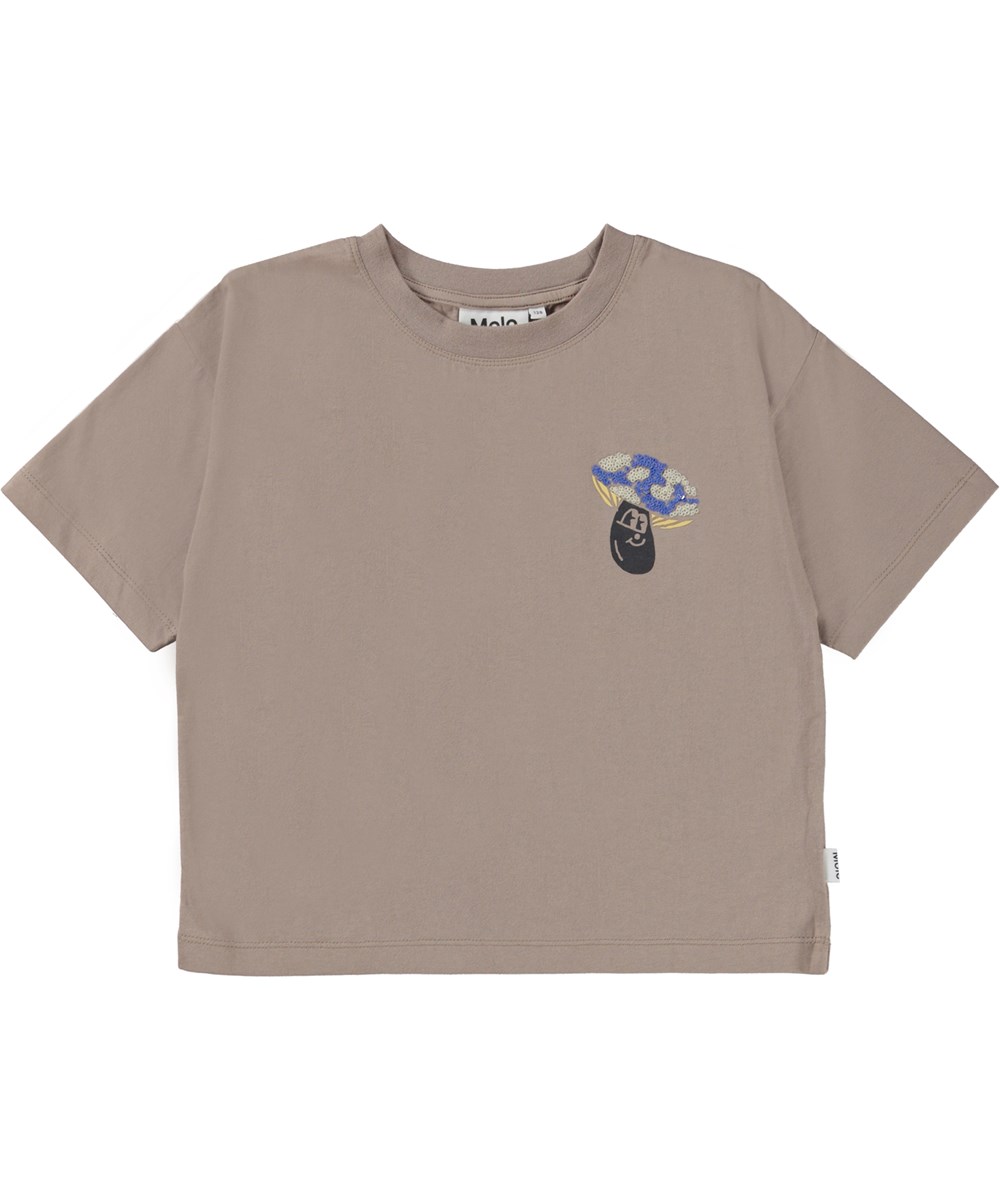 Reinette - Moth Grey - Grijsbruine biologische t-shirt met paddenstoel kunst