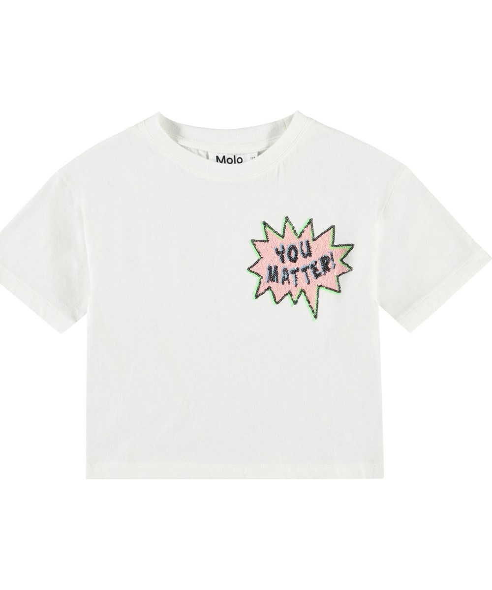 Reinette - You Glitter - Wit kinder t-shirt met geborduurde pailetten in zacht biologisch katoen met ribboord rond de hals.