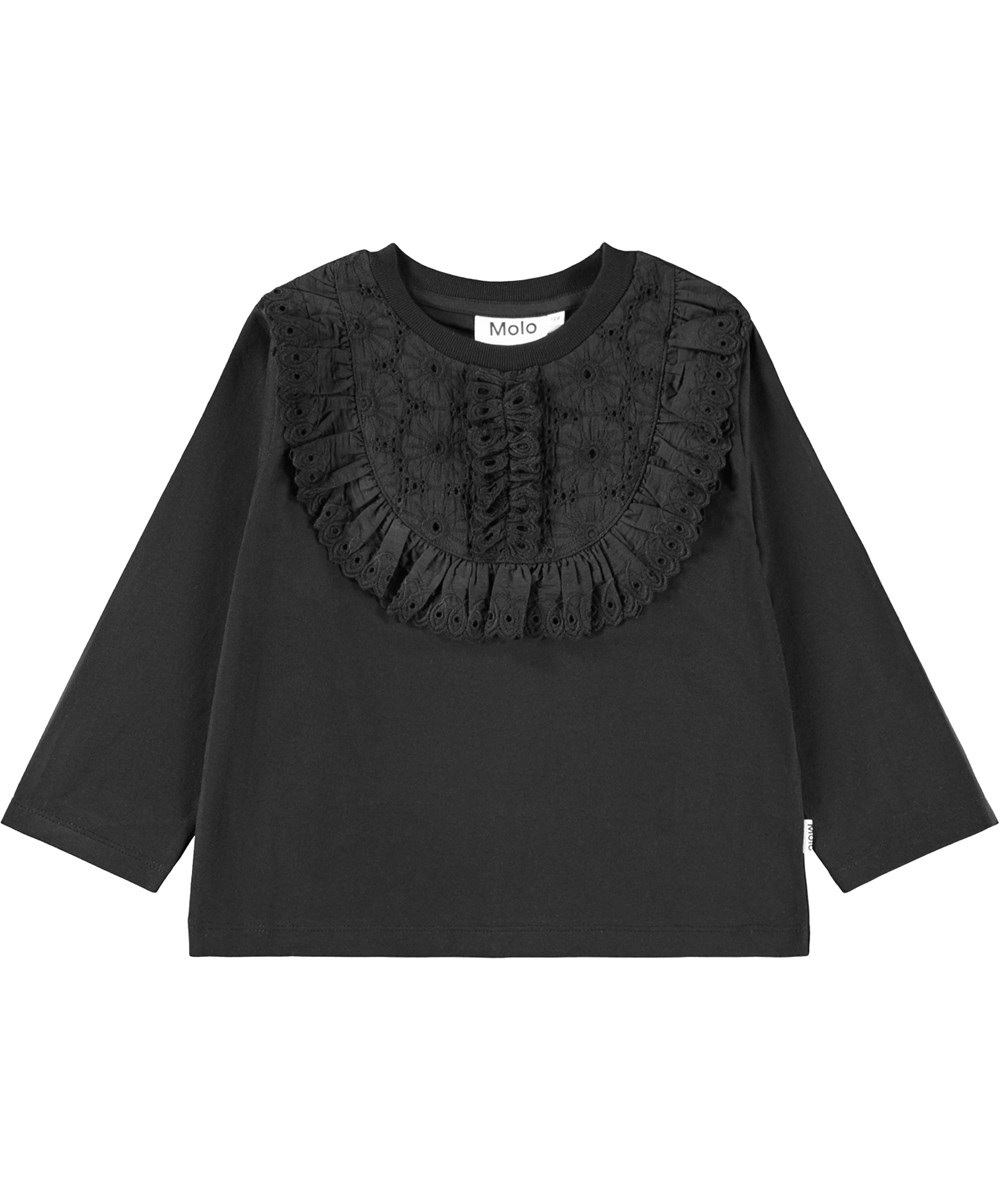 Rena - Black - Zwarte longsleeve voor kinderen gemaakt van zacht biologisch katoen met een ronde hals en een geschulpte zoom en borduurwerk.